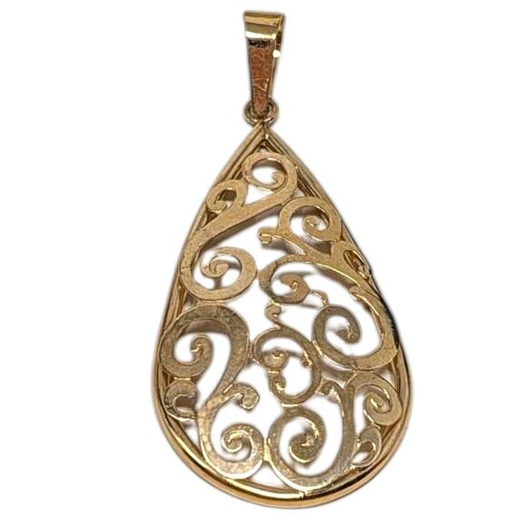 Vintage Jewelry - 14K Yellow Gold Filigree Teardrop Pendant – Open Scroll Design, 0.86g